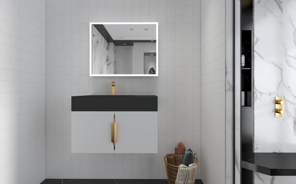 CastelloUSA Amazon 30" Left Wall Mounted Bathroom Vanity Set, White, Black Top, Gold Handles