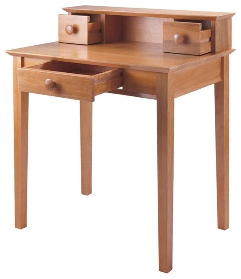 Pemberly Row Transitional Solid Wood Writing Desk with Hutch in Honey Brown