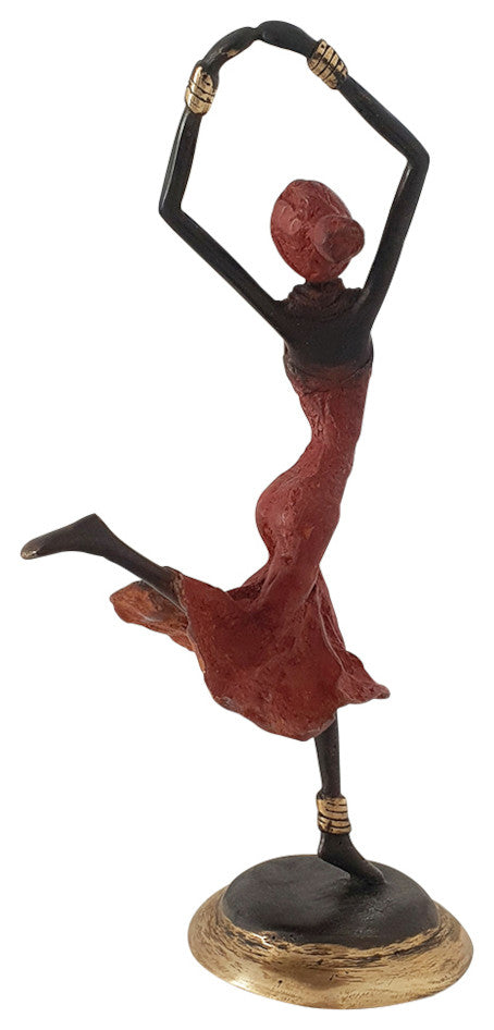 Vintage Hand Cast Bronze Statue of a Dancing African Woman, Red Dress