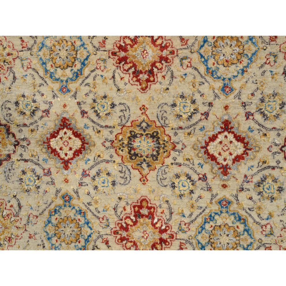Beige, Hand Knotted, THE SUNSET ROSETTES Wool and Pure Silk, Rug, 5'3" x 7'0"