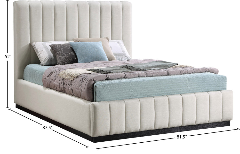 Lucia Beige Linen Textured Fabric Full Bed, Beige, King, Black Finish
