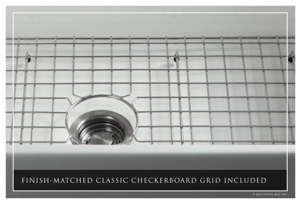 Luxury 33-Inch SOLID Fireclay Farmhouse Sink in White with Accs, Flat Front