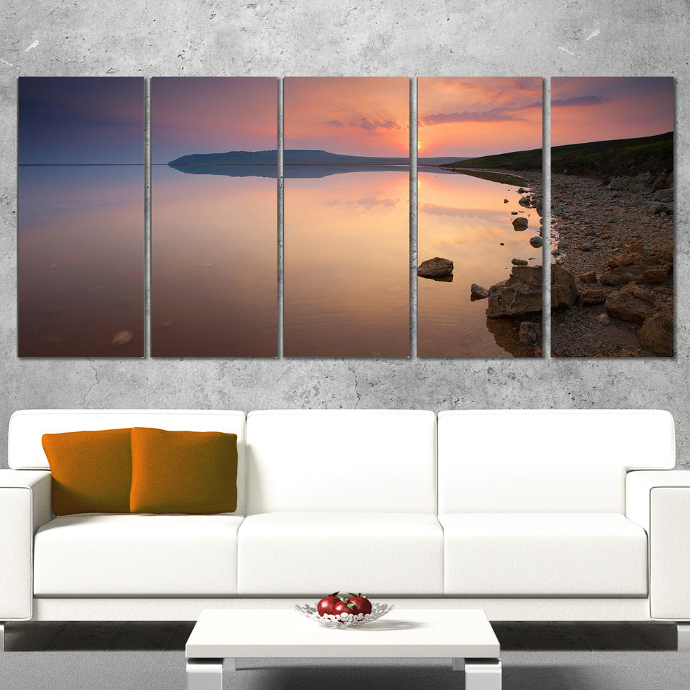Beautiful Sunrise over Tranquil Sea, Seashore Canvas Print, 60"x28", 5 Panels