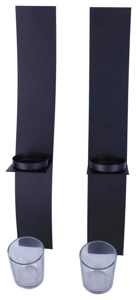 2x15" Set of 2 Sleek Candle Wall Sconce Holder With Glass Black Metal
