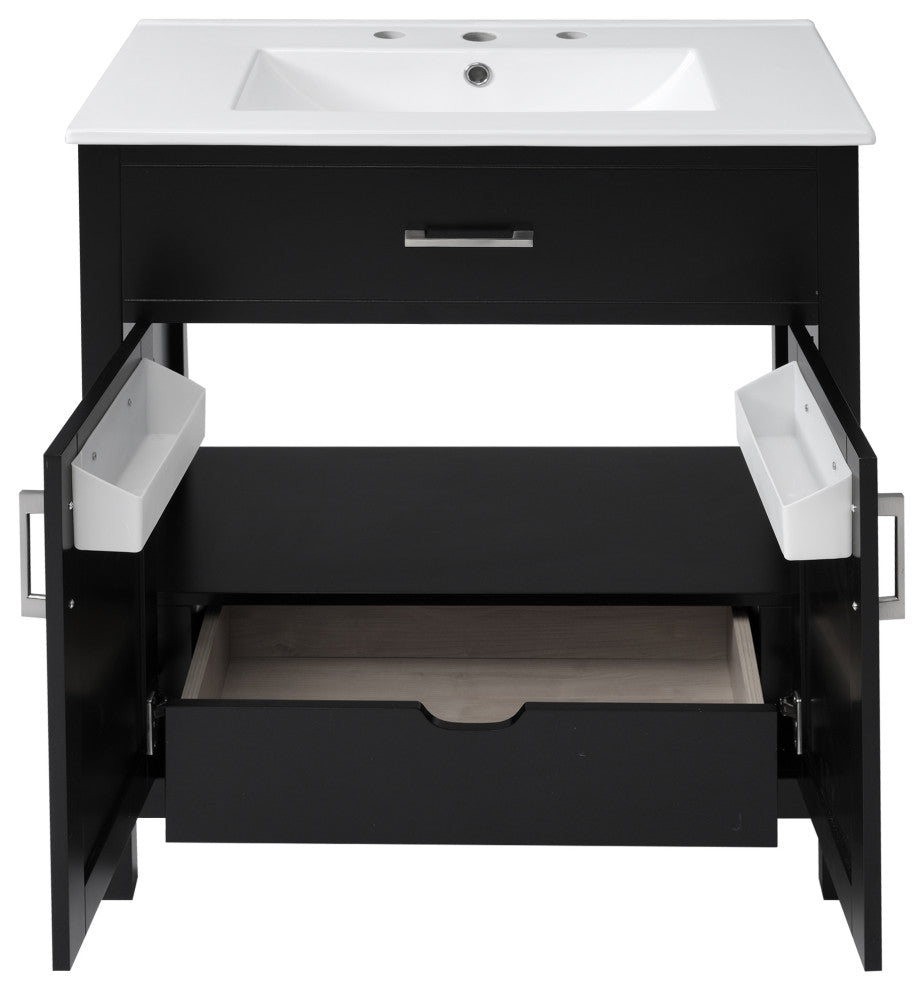 30 Inch Bathroom Vanity with Ceramic Sink and Ample Storage, Black