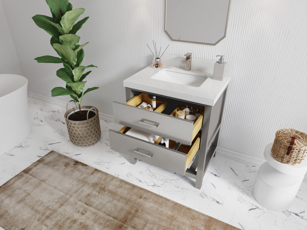 Parker 30 Single Sink Bath Vanity in Elephant Skin Gray  2" Carrara Quartz