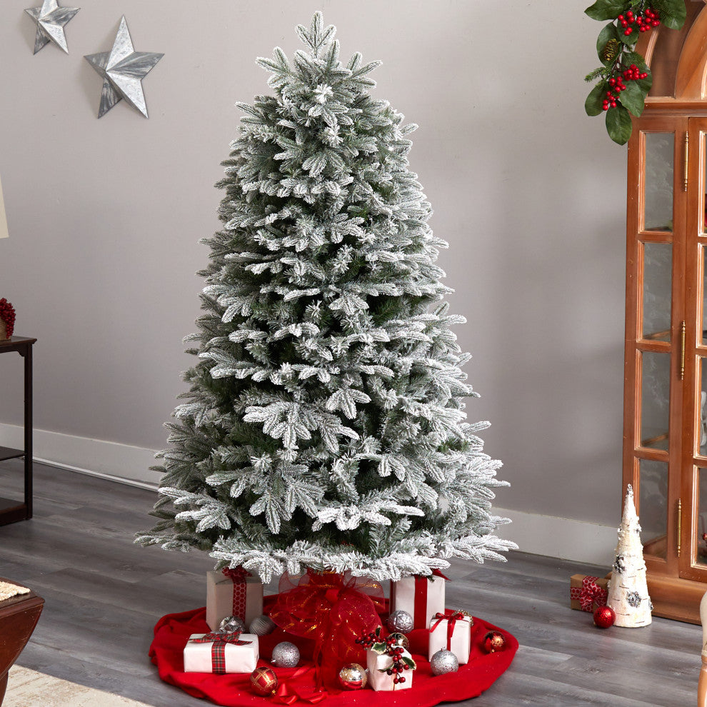 6' Flocked Colorado Mountain Fir Faux Xmas Tree W/Microdot, Multifunction Lights