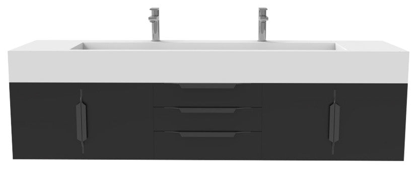 CastelloUSA Nile 72" Wall Mounted Vanity Set, Black, White Top, Black Handles