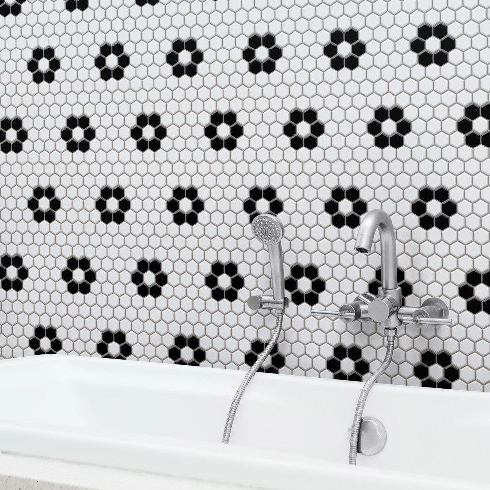 Metro 1" Hex Porcelain Mosaic Floor and Wall Tile, Glossy White With Heavy Flower