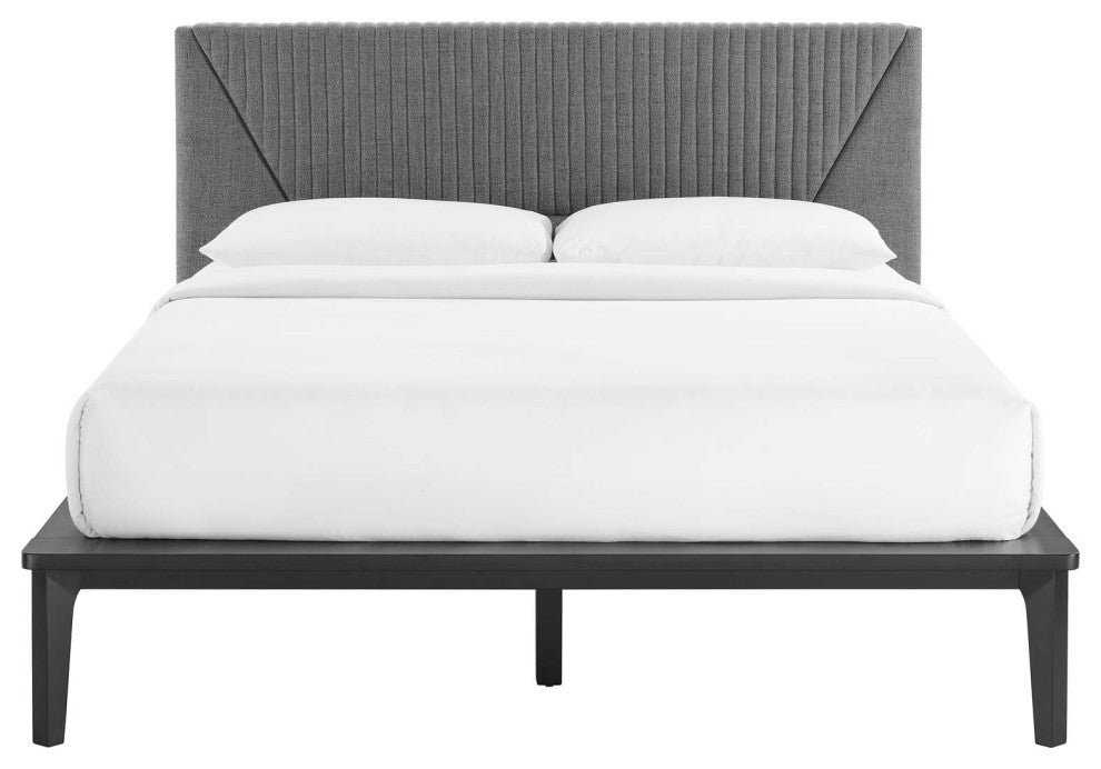 Platform Bed Frame, Queen Size, Black Gray, Wood, Modern, Mid Century