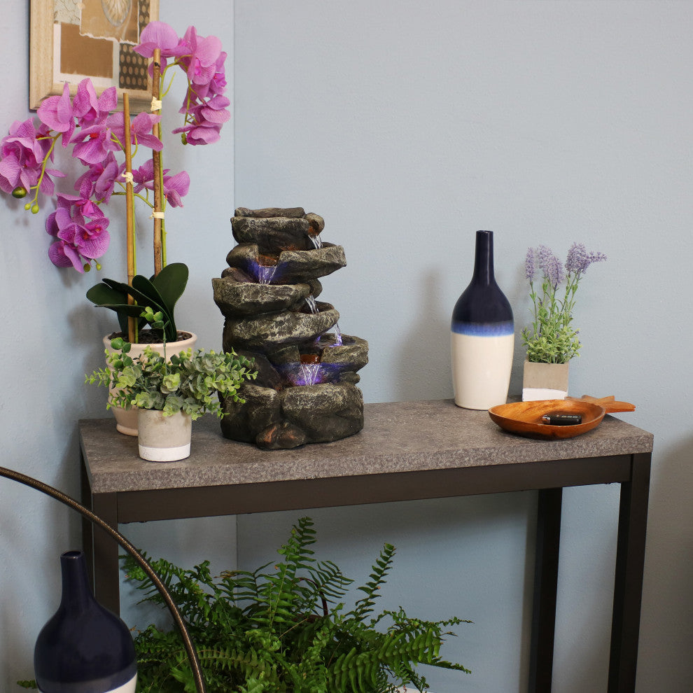 Sunnydaze 6 Tier Stone Falls Tabletop Indoor Water Fountain With LED, 15"