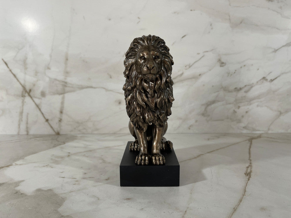 Sitting Bronze Lion Statue on Black Base By Veronese Design