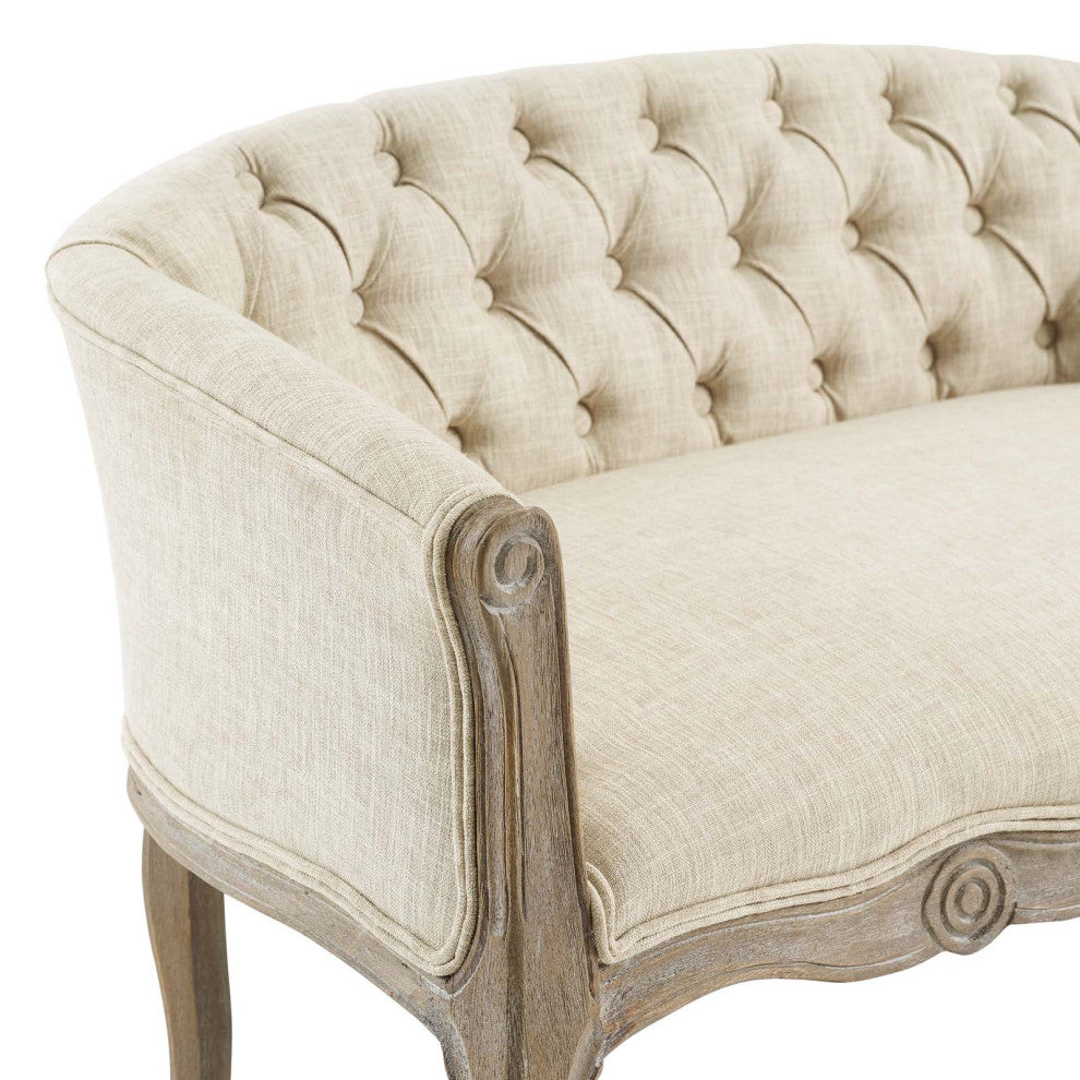 French Vintage Loveseat Sofa, Fabric, Wood, Beige, Modern, Lounge Hospitality