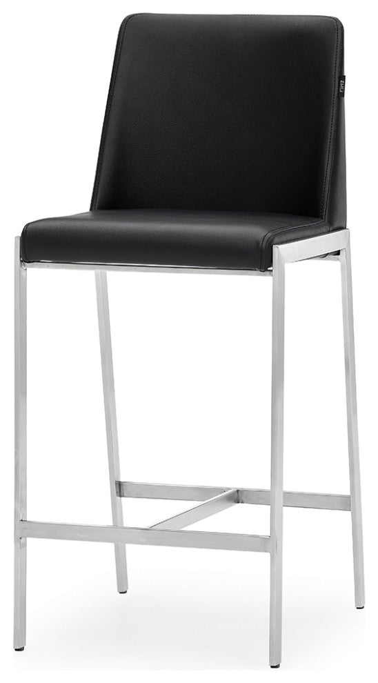 Eliza Leatherette Counter Stool With Polished Stainless Steel Legs, Black
