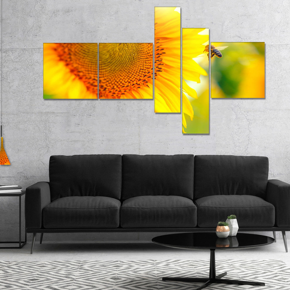 Beautiful Sunflowers Blooming, Abstract Canvas Wall Art, 60"x32", 5 panels