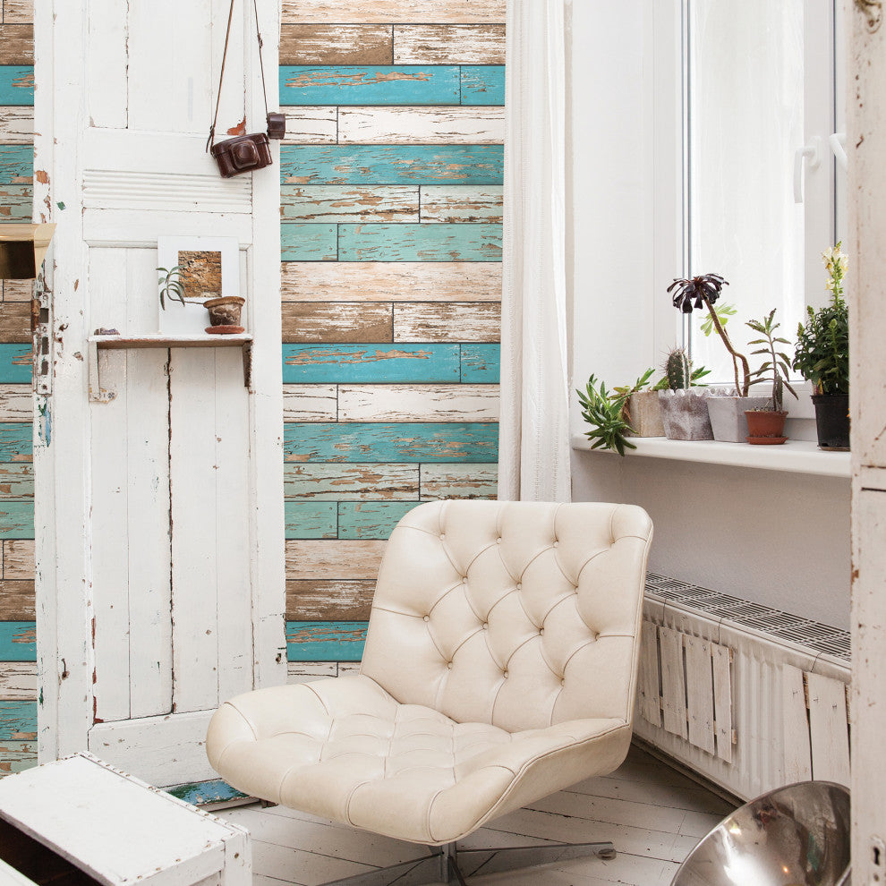 Scrap Wood Turquoise Weathered Texture Wallpaper, Bolt