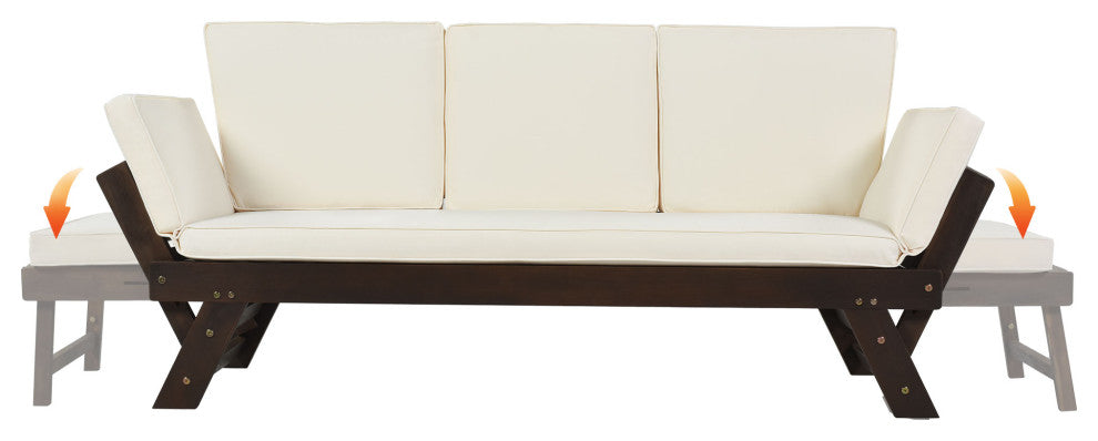 Outdoor Adjustable Wooden Patio Daybed Sofa Chaise Lounge With Cushions, Beige