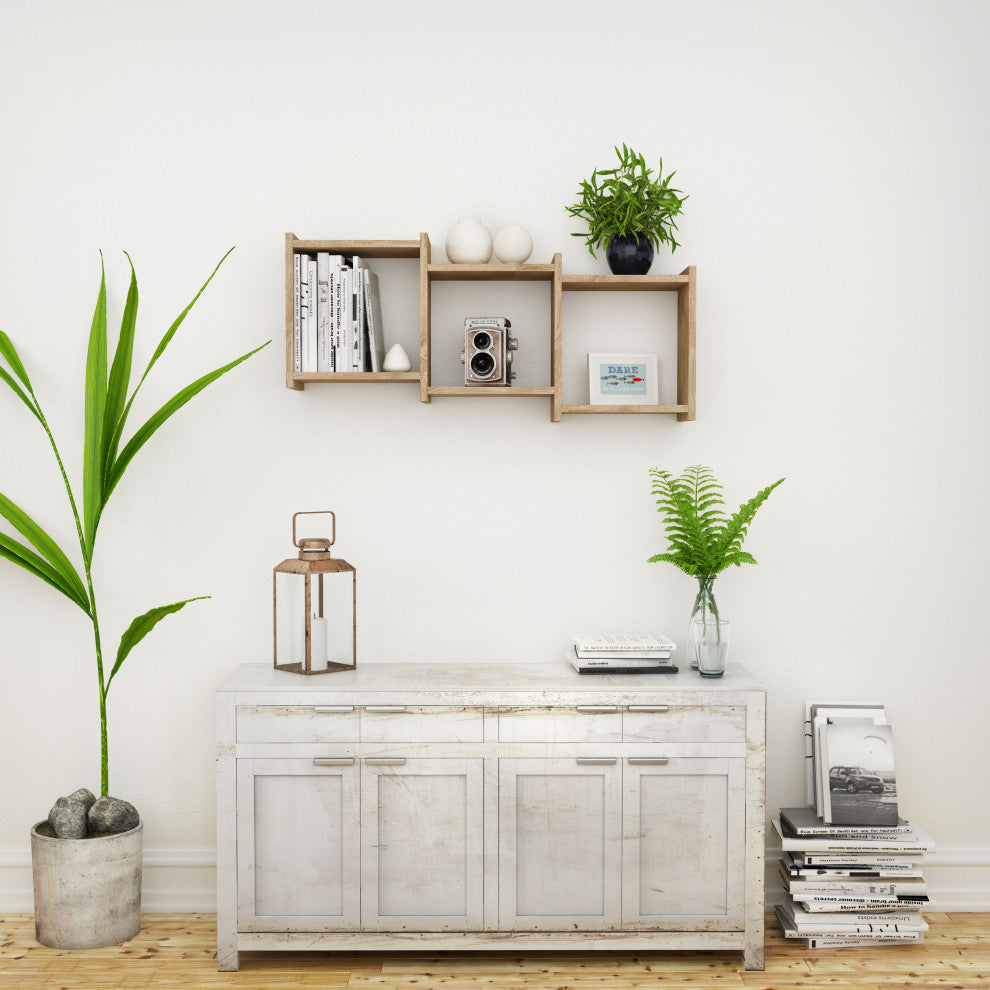 Danya B. 3-Cube Floating Wall Shelf With Ledges, Weathered Oak