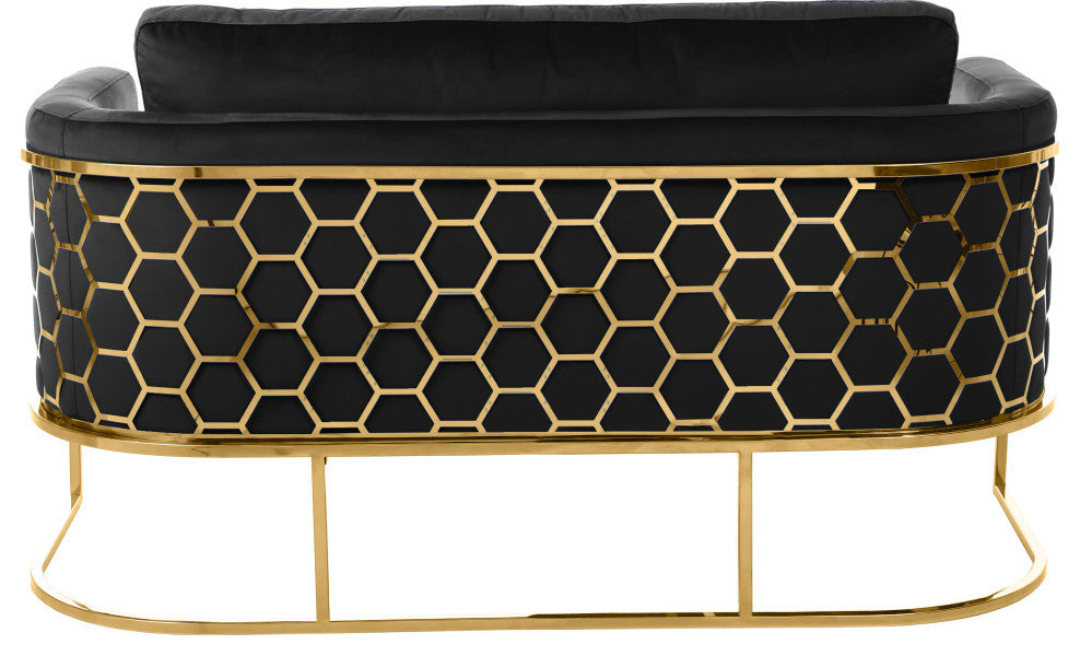 Casa Velvet Upholstered Loveseat, Black, Gold Finish