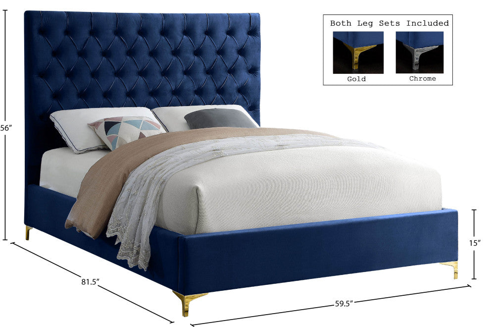 Cruz Velvet Upholstered Bed, Navy, Full