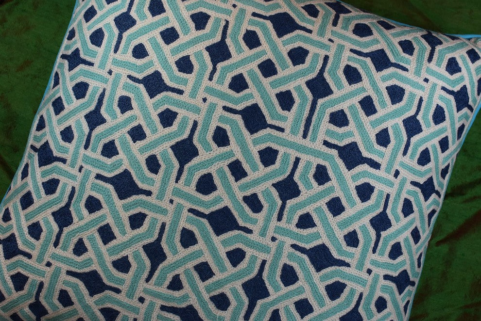 Mosaic Celtic Knot Turquoise Decorative Pillow Cover Handembroidered Wool 20x20"