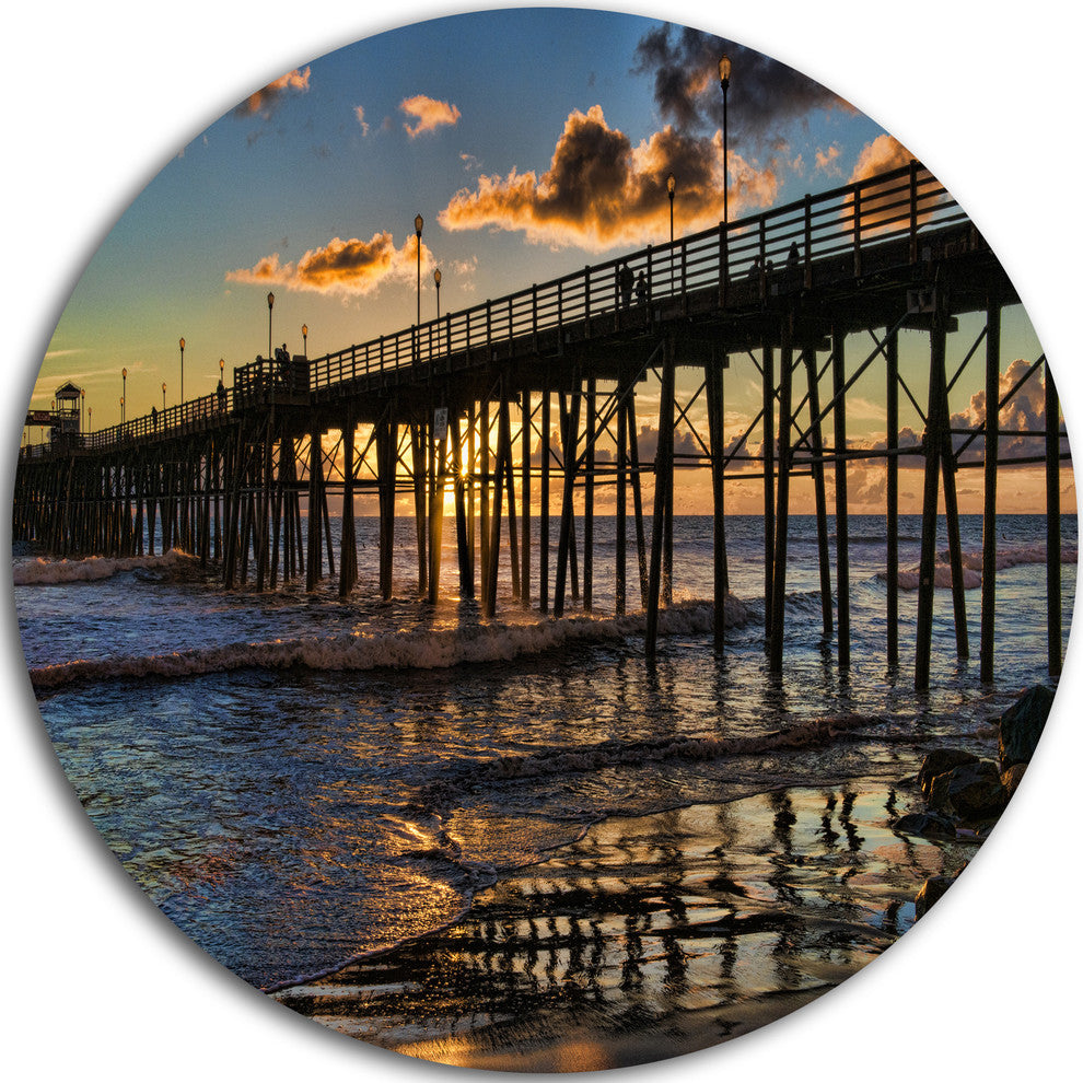 Pacific Ocean Sunset Oceanside Pier, Seascape Disc Metal Artwork, 23"