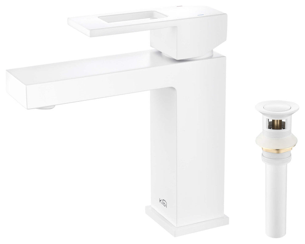 Cubic Single Hole Bathroom Faucet KBF1002, Matte White,, Drain