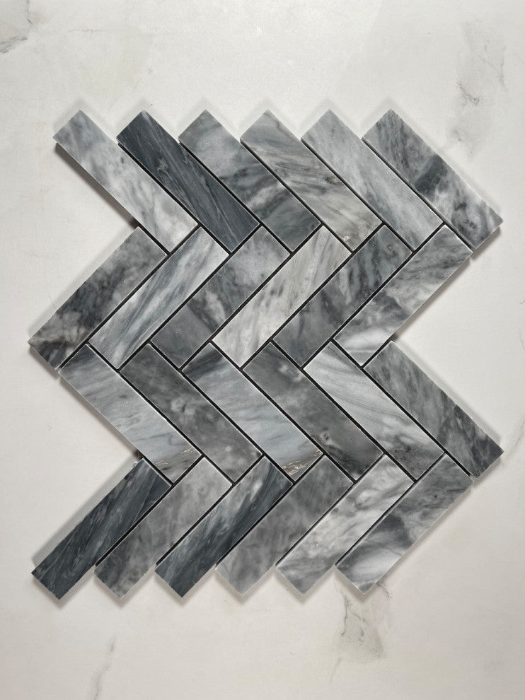 Bardiglio Gray Marble 1x4 Herringbone Mosaic Tile Polished, 1 sheet
