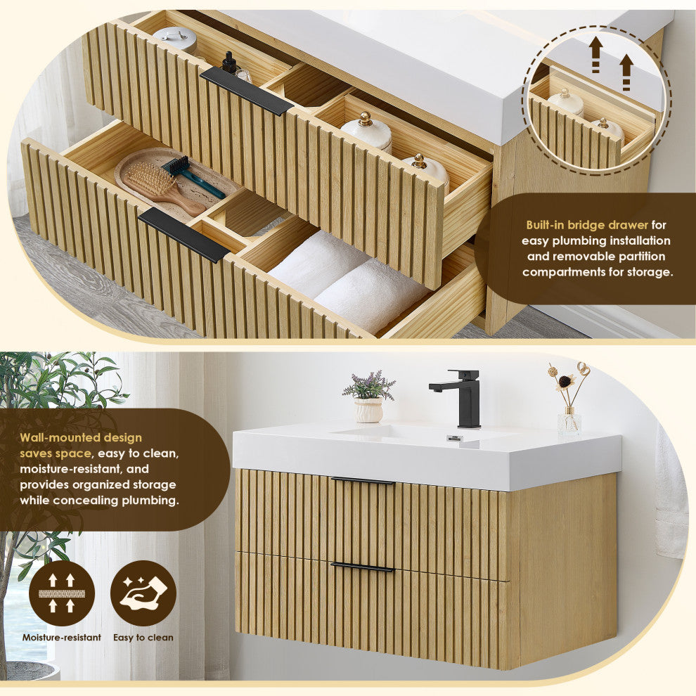 Livia Wall-mounted Bathroom Vanity, Nature Brown, 36inch, No Mirror