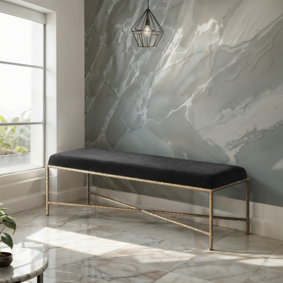 Valley Upholstered Bench, Black, 54" W x 18" D, Gold, Chenille Fabric