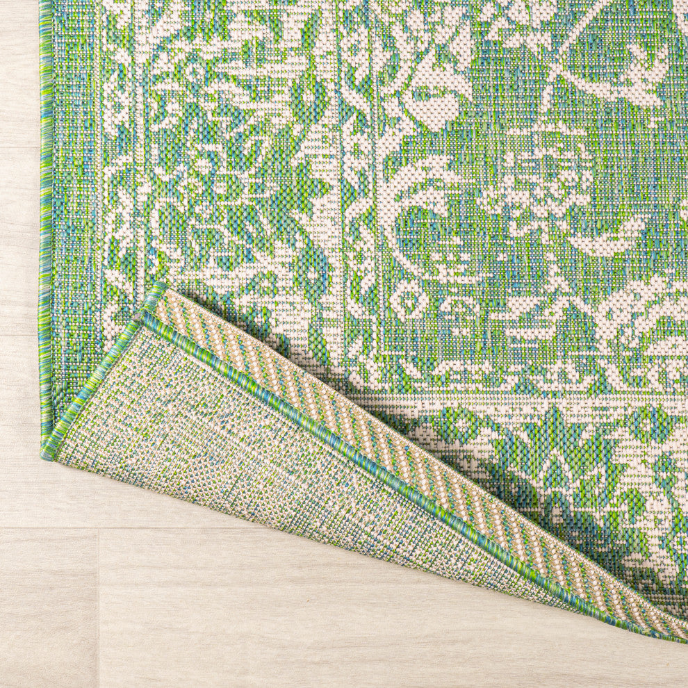 Tela Boho Textured Weave Floral Indoor/Outdoor Rug, Cream/Green, 2 X 8