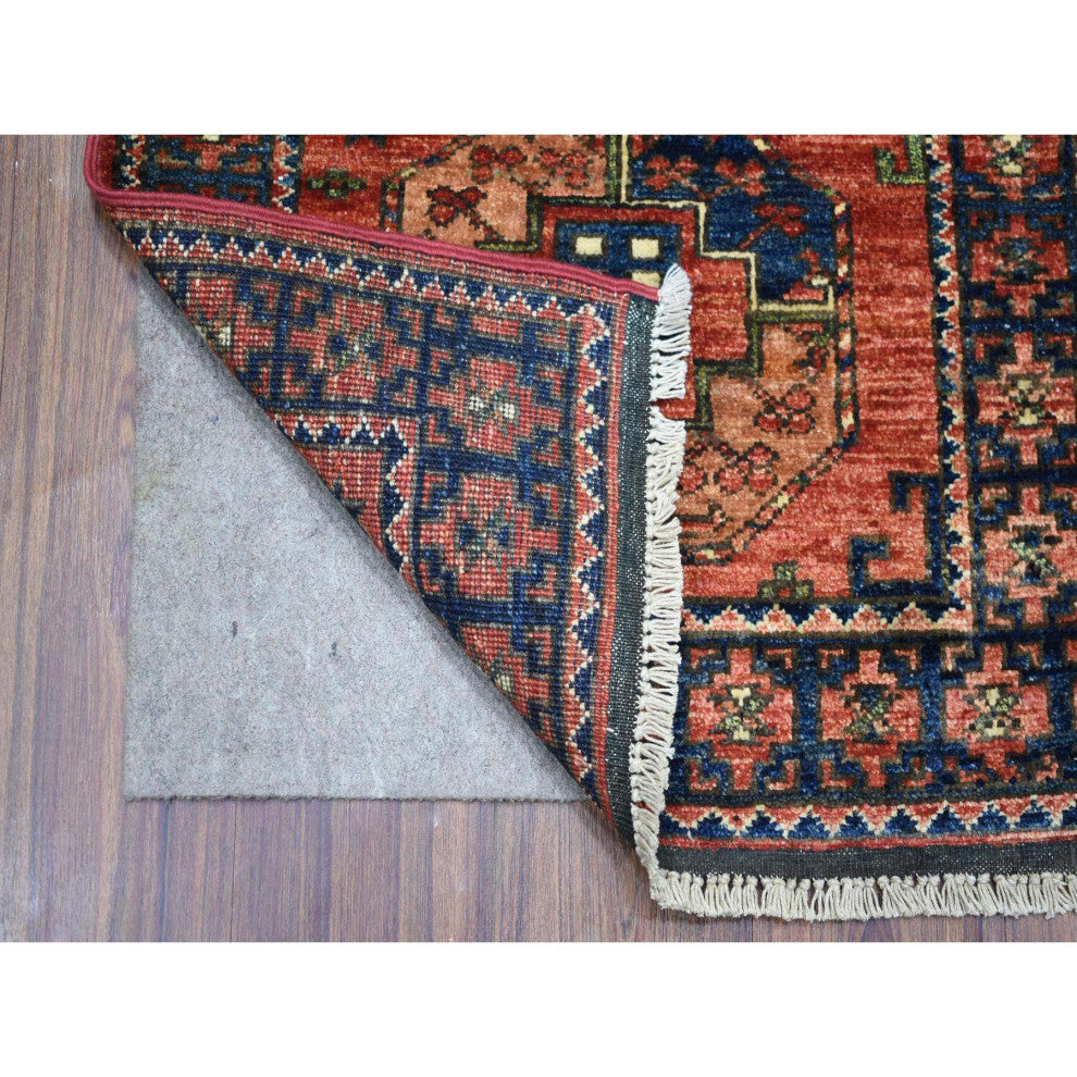 Coral Red Natural Dyes Afghan Ersari Pure Wool Hand Knotted Rug, 2'1" x 2'10"