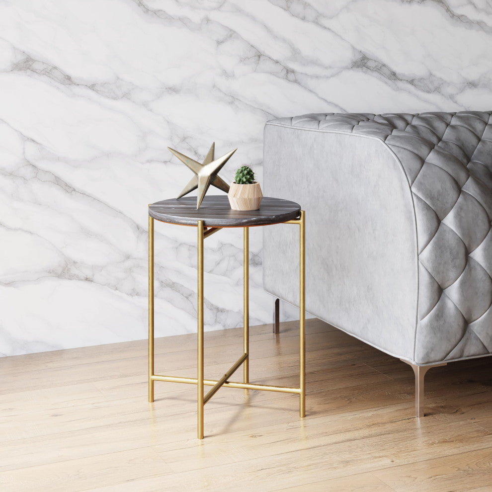 Sofa Side Table, Round, Artificial Marble, Iron Metal, Gray, Gold, Lounge