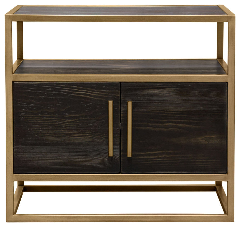 Empire 2-Door End Table With Gold Metal Frame, Dark Brown