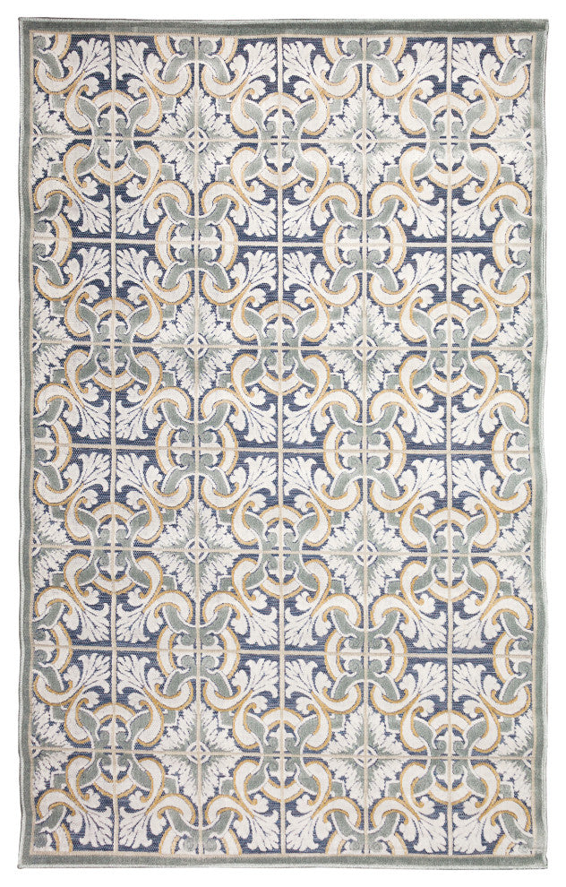 Canyon Floral Tile Indoor/Outdoor Rug, Navy, 7'8"square