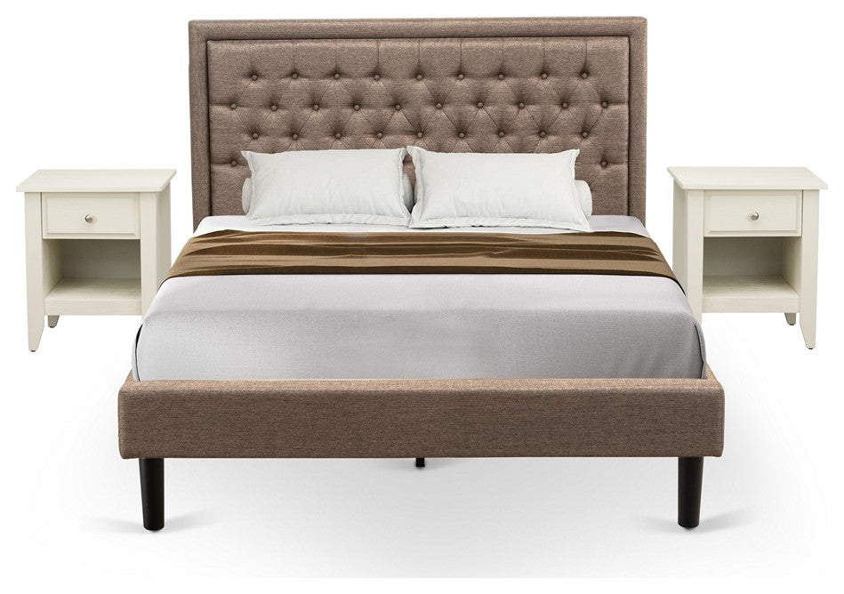 3Pc Queen Size Bed Set, 1 Queen Size Bed Dark Khaki, 2 Night Stand, Black Legs