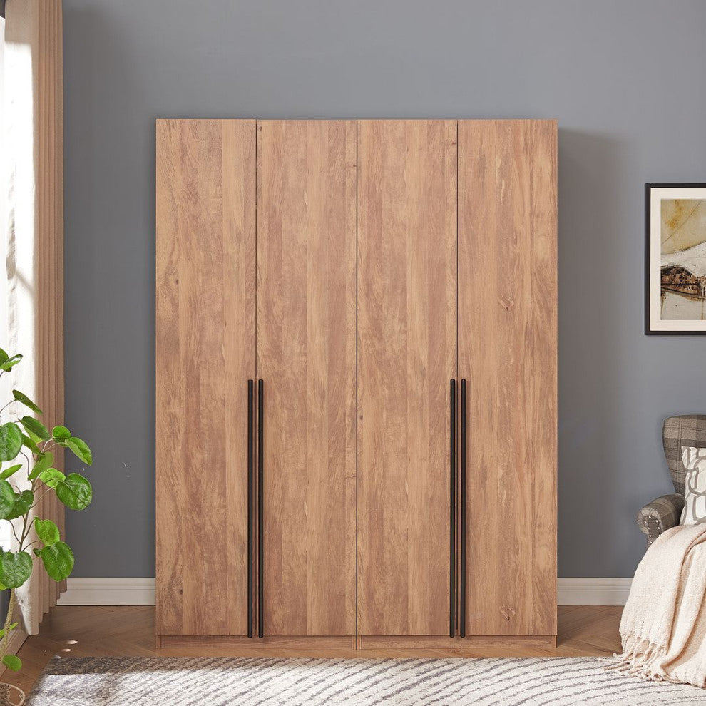 Lee Modern 2-Piece Wardrobe With 1 Rod, 4 Drawers & 5 Shelves, Golden Brown