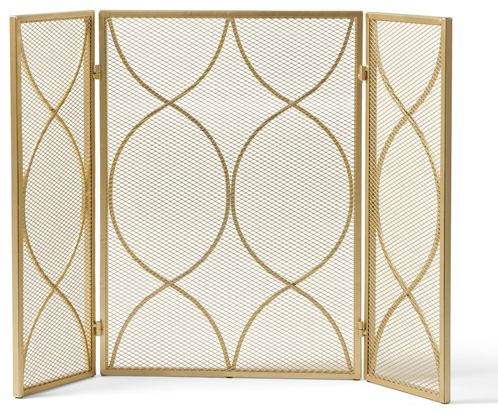 Laylah Modern Three Panel Iron Firescreen, Gold Finish