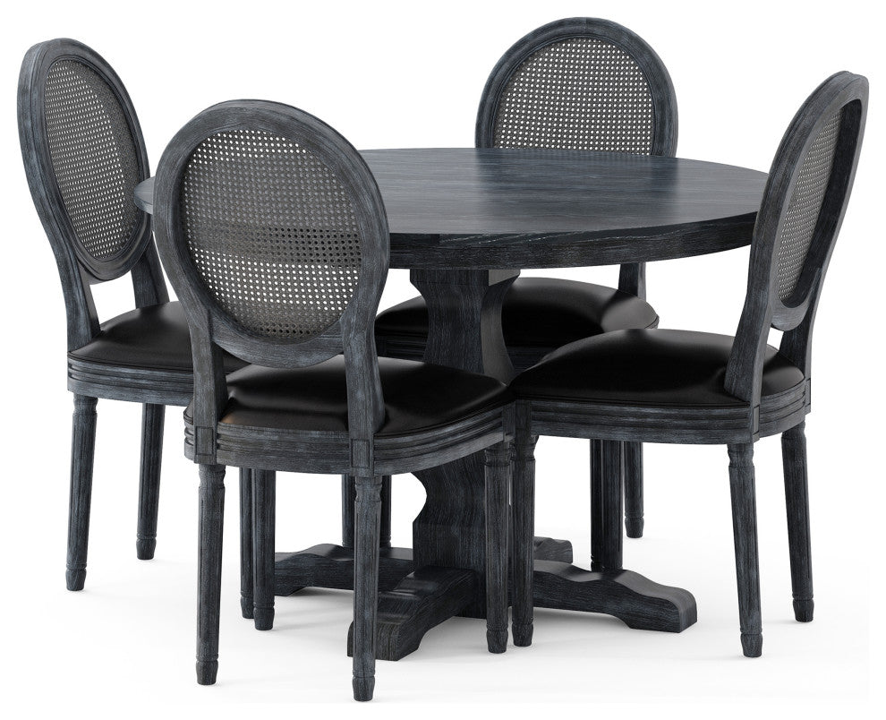 Mores French Country Upholstered Wood and Rattan 5-Piece Circular Dining Set, Gray/Midnight Black, Pu