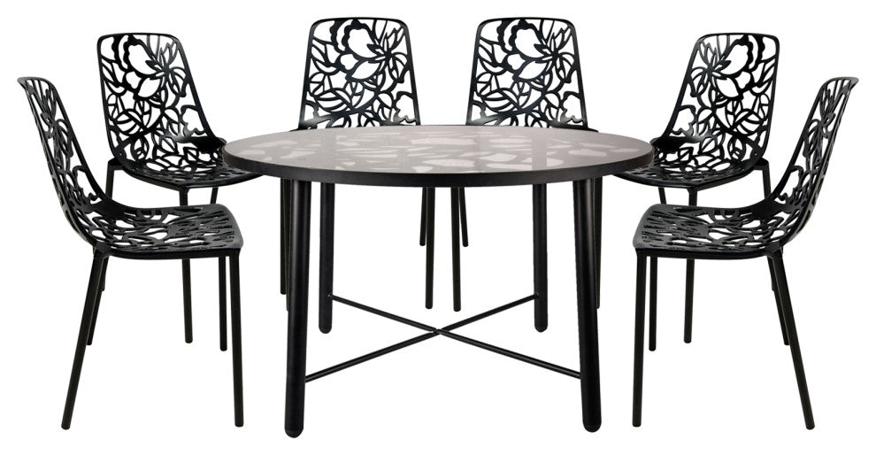 Leisuremod Devon 7-Piece Aluminum Dining Set With Table and 6 Chairs, Black