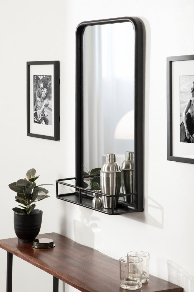 Estero Metal Framed Radius Rectangle Wall Mirror With Shelf, Black 18x30