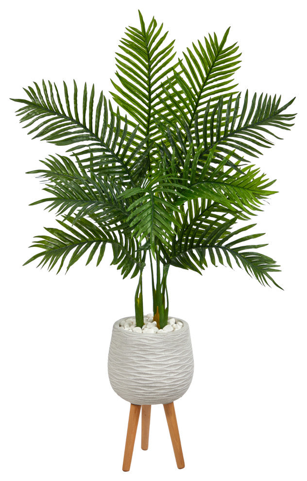 52" Areca Palm Artificial Tree, White Planter With Stand, Real Touch