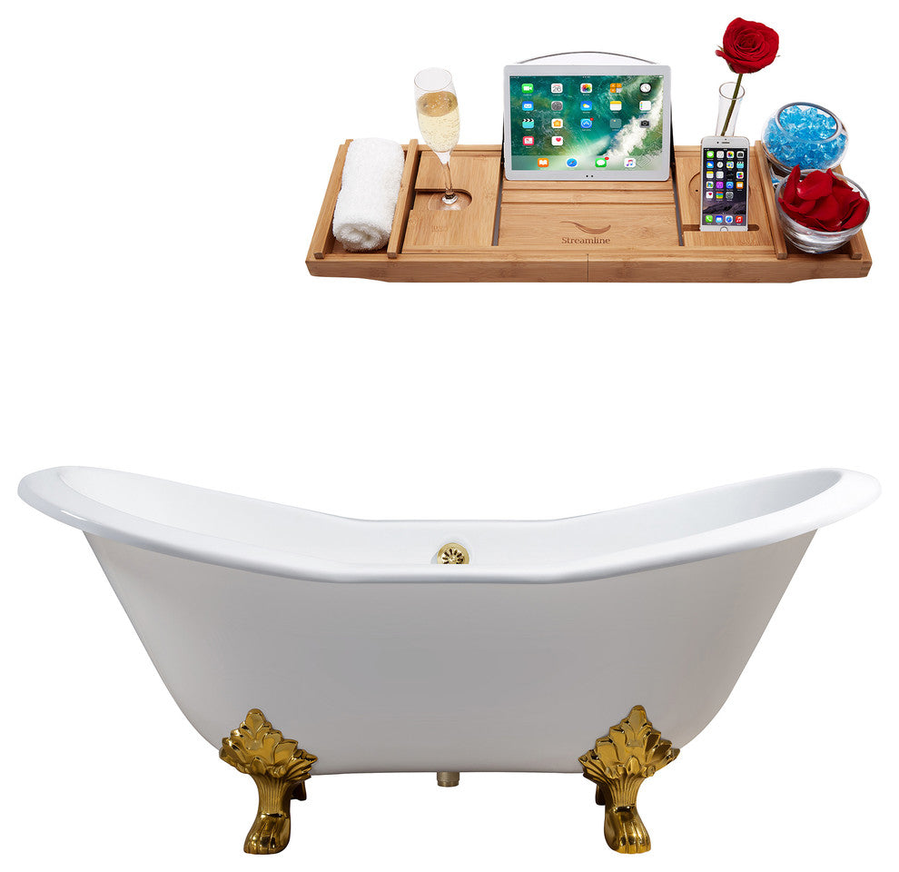 72" Cast Iron R5162GLD-GLD Soaking Clawfoot Tub and Tray With External Drain