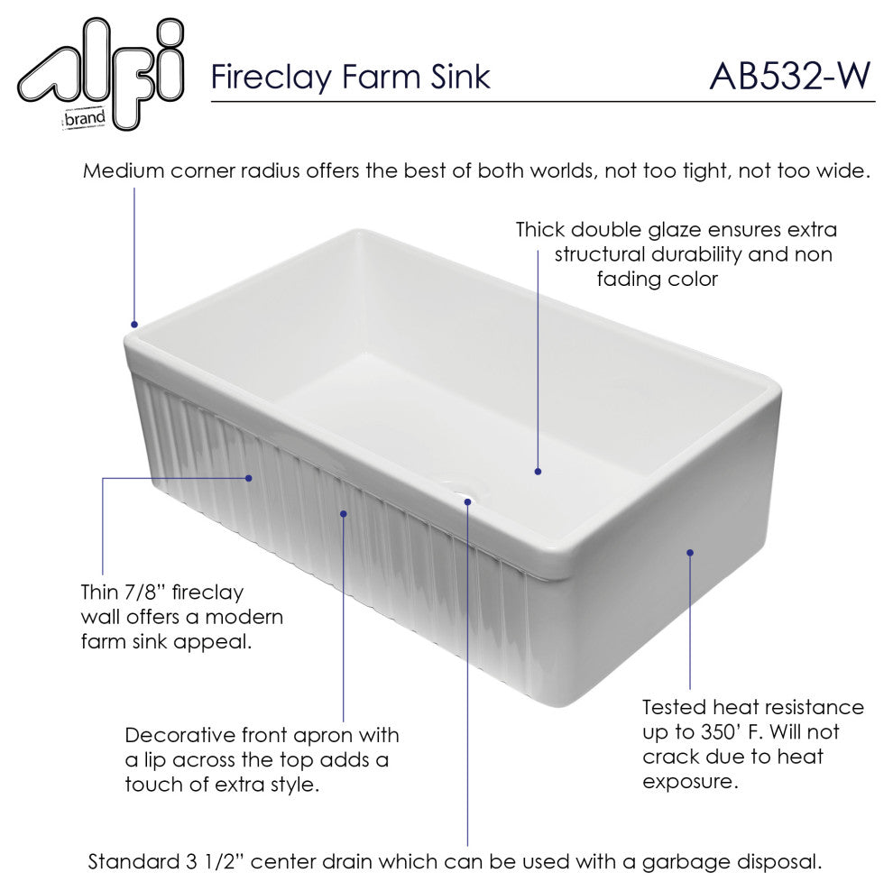 ALFI brand AB532-W 33 Inch  White Single Bowl Fluted Fireclay Farm Sink