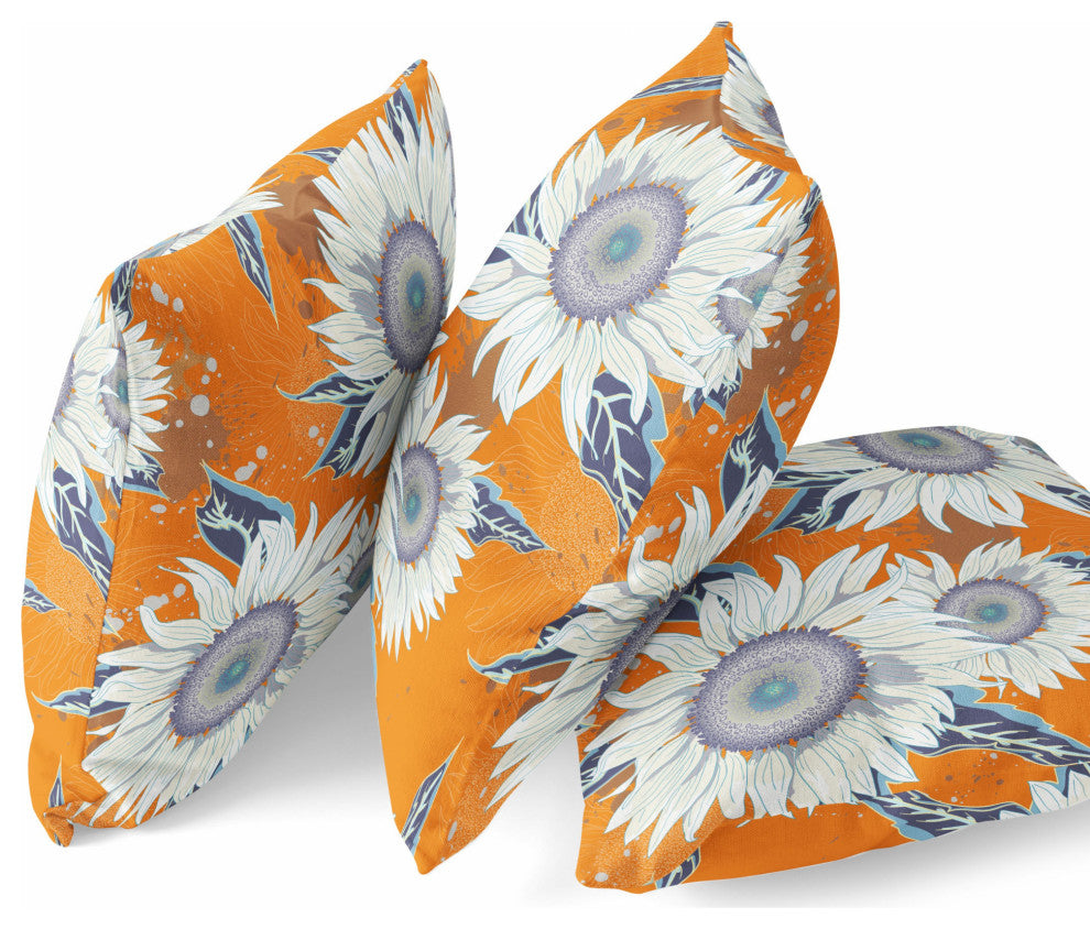 26" Orange White Sunflower Indoor Outdoor Zippered Throw Pillow