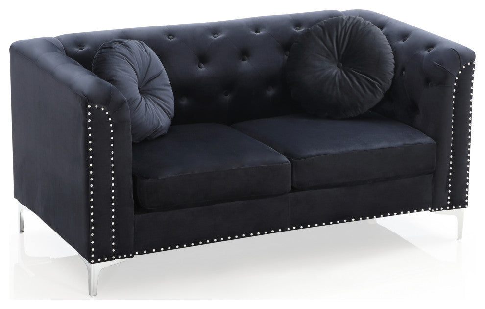 Pompano Velvet Button Tufted Loveseat, Black