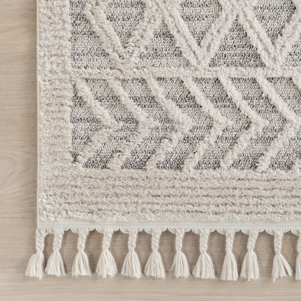 Nuloom Ansley Shag Lattice Tassel Geometric Area Rug, Light Grey 9''x12''