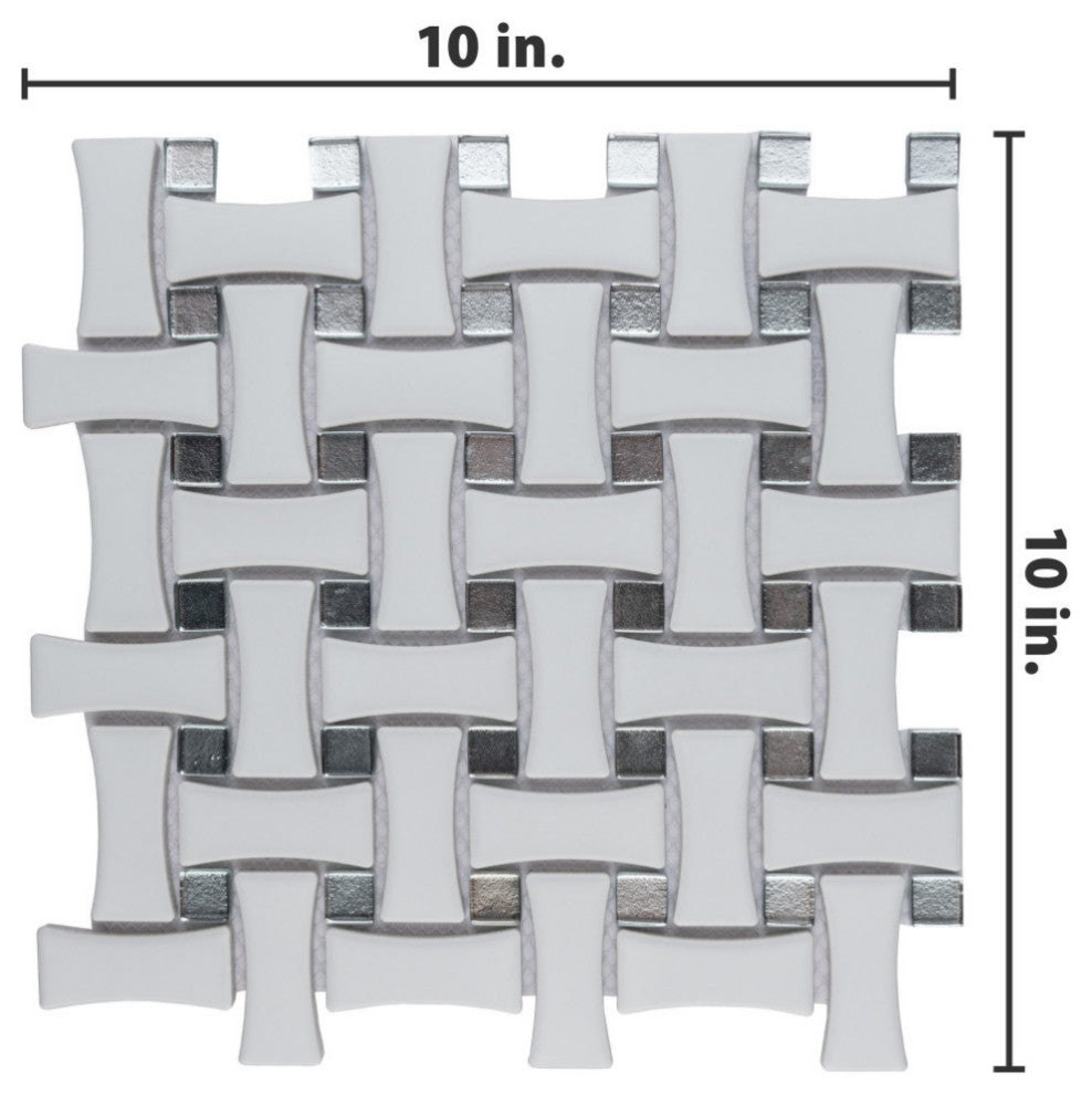Metro Dog Bone Basketweave With Glass Gold Dot Porcelain Mosaic Wall Tile Sample