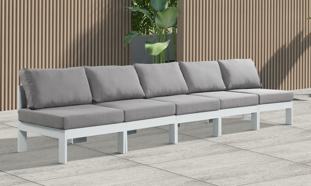Nizuc Water Resistant Patio Modular Straight Sofa, Gray, 5-Piece: 5 Armless Chair, White Aluminum Frame