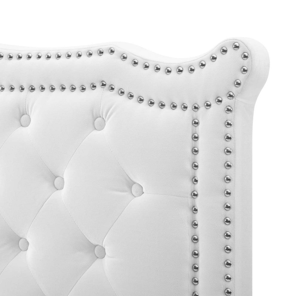 Tufted Headboard, Nailhead, Twin Size, White, Velvet, Modern, Guest Suite